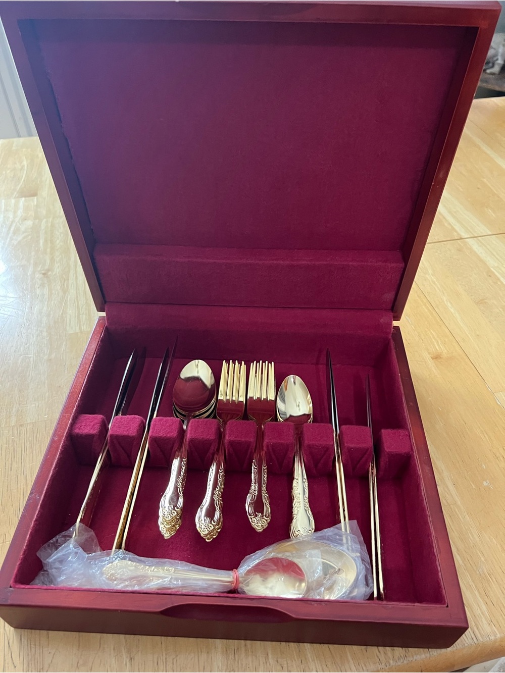Gold-Tone Ornate Flatware Set in Burgundy Presentation Box